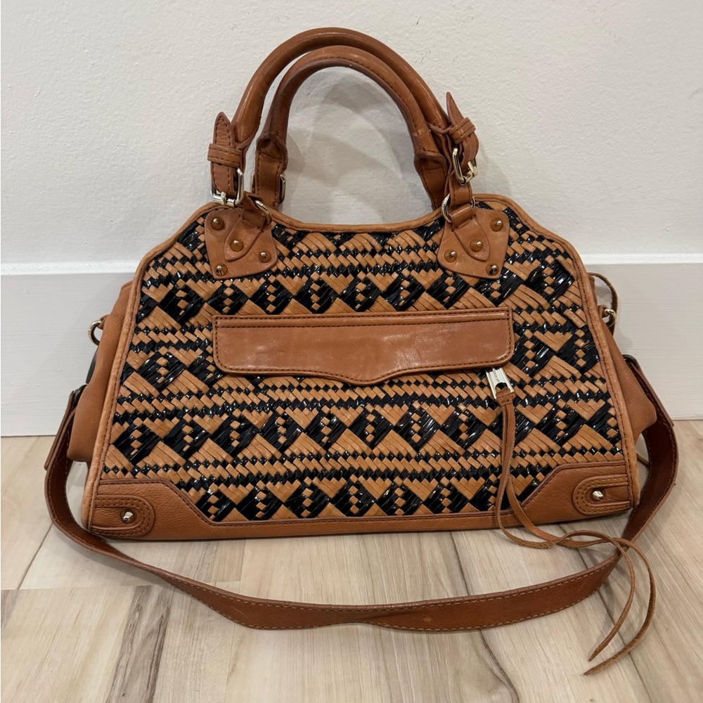 Woven Tan and Black Satchel Tote - Designer-Inspired